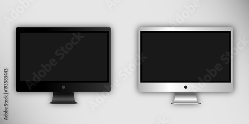 Computer monitor, isolated on white background with black screen. Can use for template presentation, web design and ui kits. Black and white electronic gadget, device mockup.