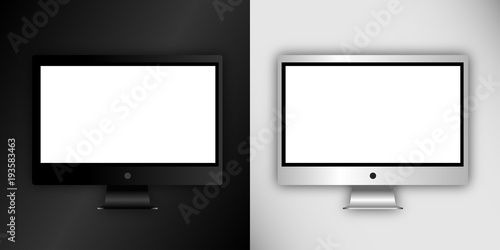 Computer monitor, isolated on black and white background with white screen. Can use for template presentation, web design and ui kits. Black and white electronic gadget, device mockup.