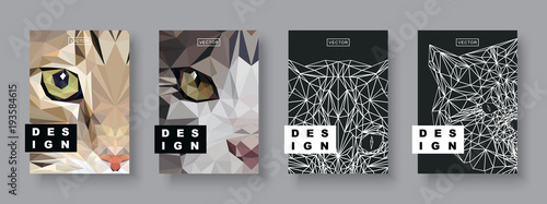 Cats abstract covers set. Future Poster template. Concept geometric pet animal. Polygonal halftone. Cat face silhouette