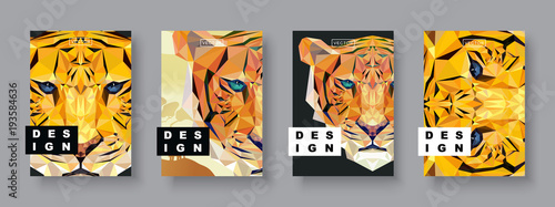 Tiger abstract covers set. Card tiger template. Future Poster template.Polygonal halftone.Tiger silhouette illustration