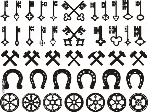Heraldic elements set: key, hammer, horseshoe, wheel