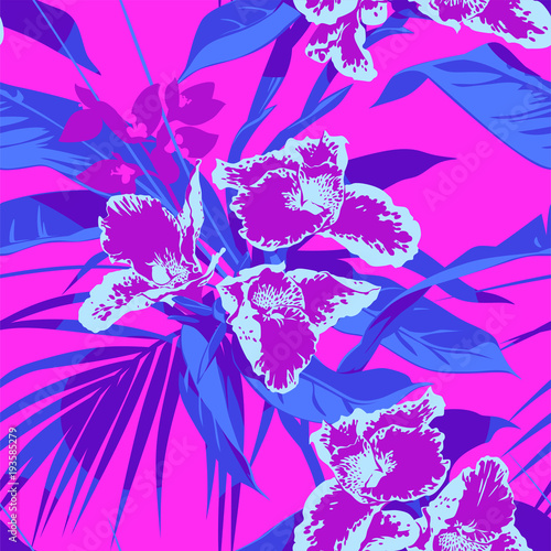 Seamless Ultraviolet Hawaiian tropical pattern with  palm leaves and flowers.
