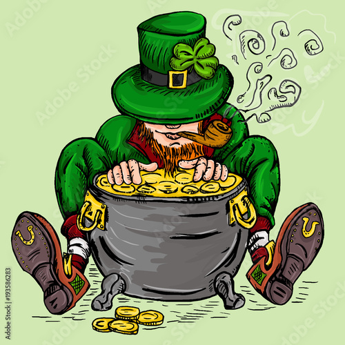 leprechaun in a hat and a tube hugging a pot of gold