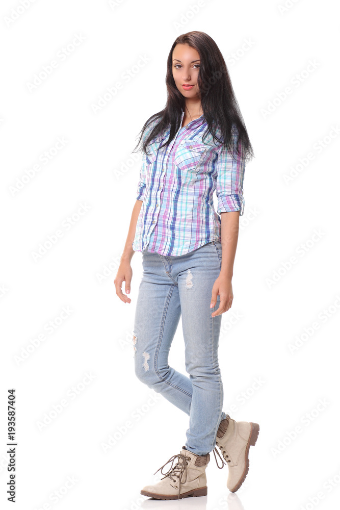 Picture of a young casual woman standing on white Picture of a young casual woman standing on white