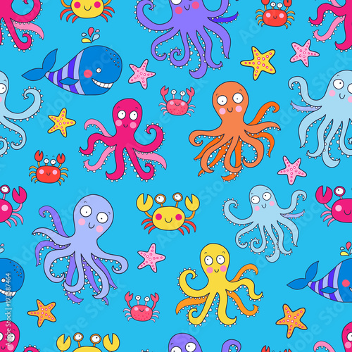 Seamless vector pattern with underwater creatures like octopus, crab, whale, starfish. Lovely vector illustration. © Natsa