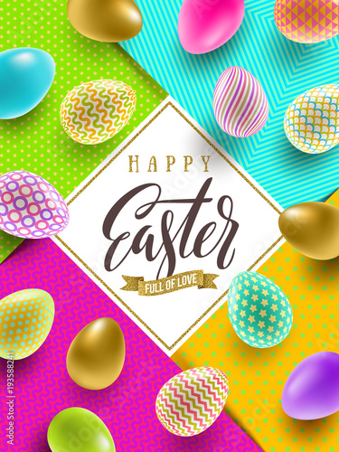 Easter vector illustration with calligraphic greeting and multicolored painted Easter eggs on a colorful paper background.