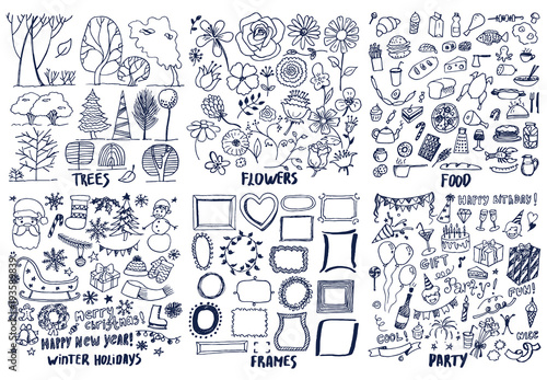Set of Trees Flowers Food Party Frame Patterns