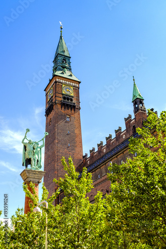 Denmark - Zealand region - Copenhagen - panoramic view of the city center with City Hall and Lur Blowers statue and column on City Hall square