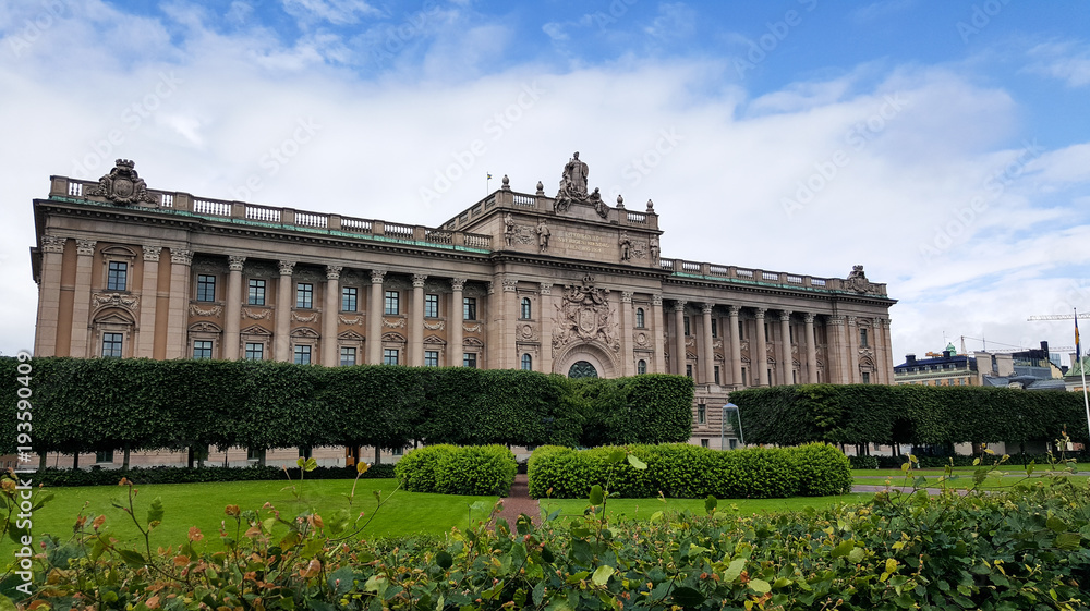 Swedish House of Parliament wide angle shot with garden on foreground