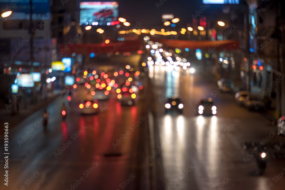 Night traffic jam with colorful bokeh,blur focus.