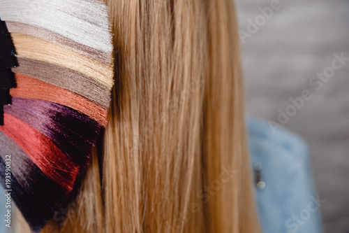 Fotografie Palette set of hair colors on background of head and blonde hair