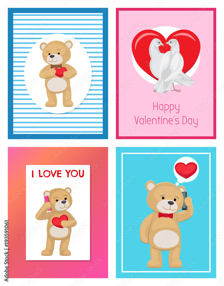 Cute Soft Toy Bears and White Doves in Love Set Cute Soft Toy Bears and White Doves in Love Set