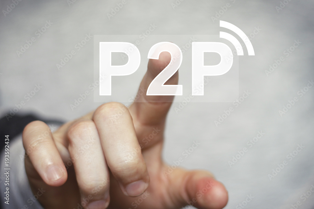 Businessman pressing button P2P Peer-to-peer on virtual digital electronic user interface Businessman pressing button P2P Peer-to-peer on virtual digital electronic user interface