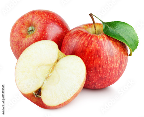 Ripe red apple fruit with apple half without seeds and apple leaf isolated on white background. Red apples and leaf with clipping path