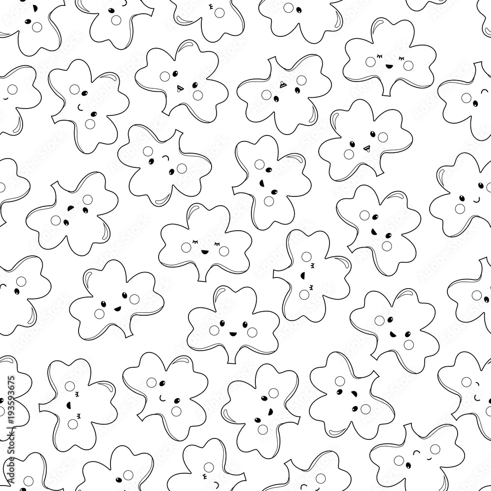 Fototapeta premium Clover, emoticons, emoji. Characters St. Patricks day. Seamless pattern for coloring book. Black and white illustration.