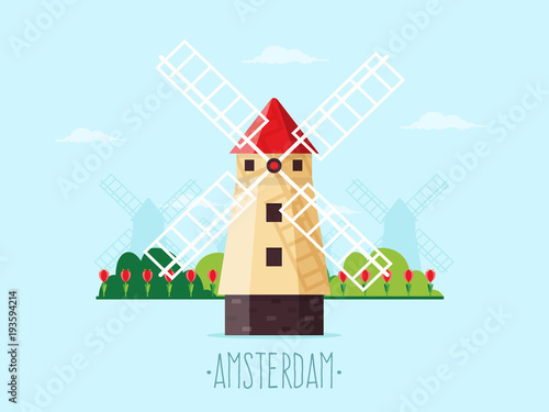 Welcome to Amsterdam. Windmill with Tulips in the Background. Flat Design Style. © bubble86