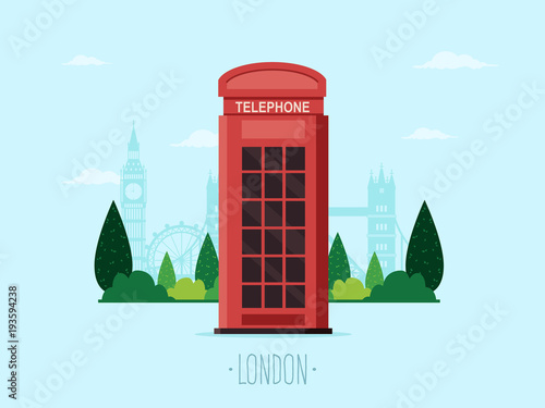 Travel to London. Telephone Booth with Famous London Landmarks in the Background. Flat Design Style. 