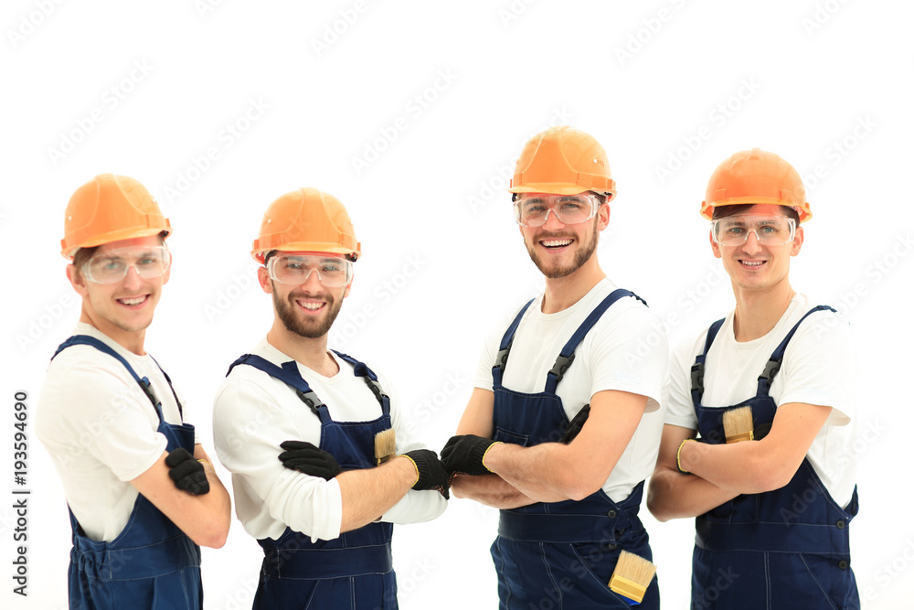 smiling team of construction workers .