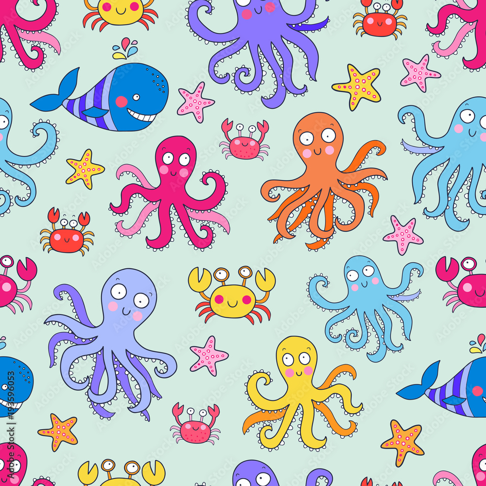 Seamless vector pattern with underwater creatures like octopus, crab, whale, starfish. Lovely vector illustration. Seamless vector pattern with underwater creatures like octopus, crab, whale, starfish. Lovely vector illustration.