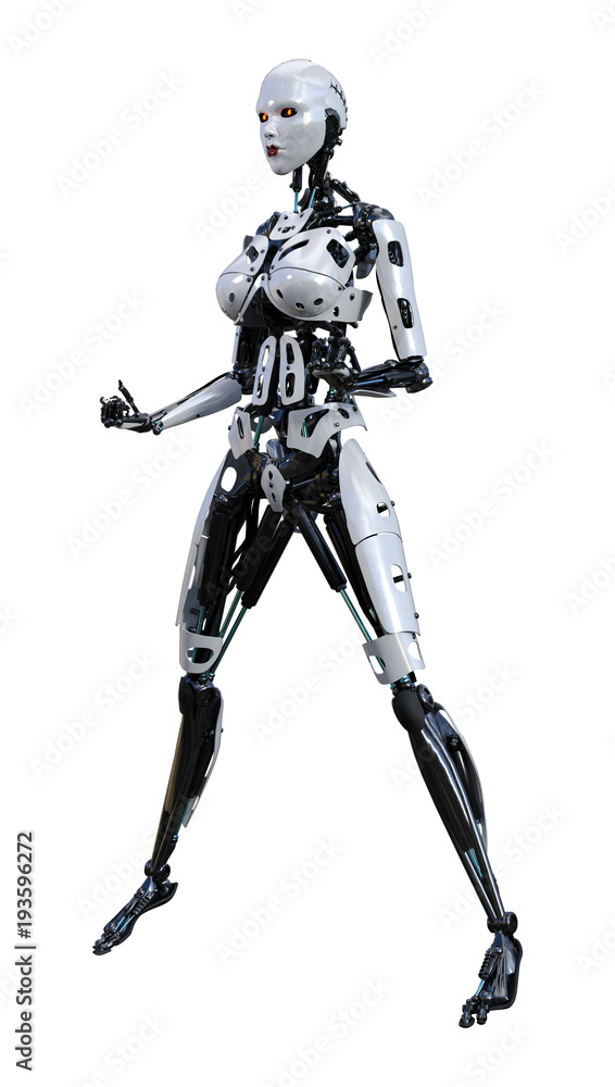 3D Rendering Female Robot on White