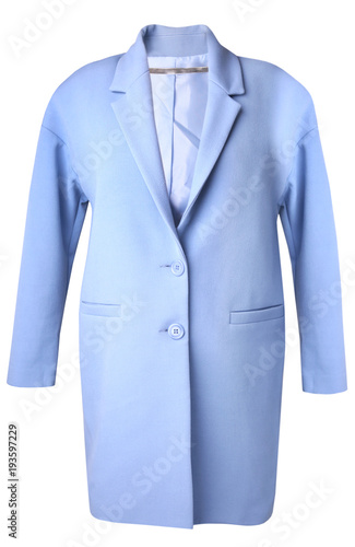Blue oversize women's coat isolated on white.