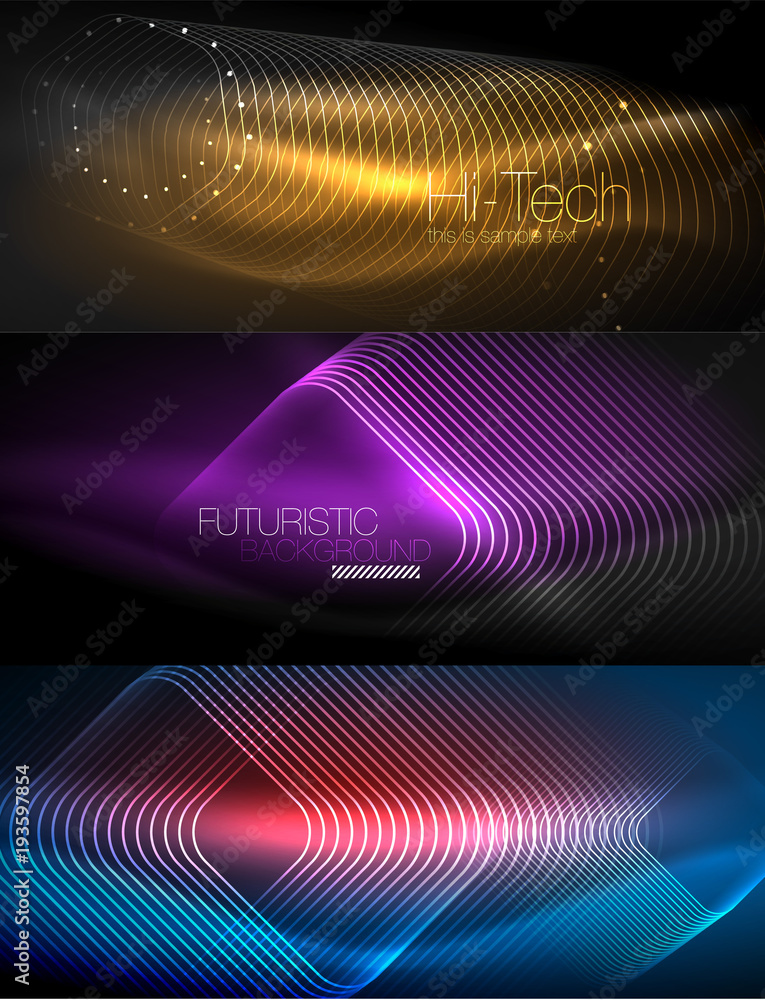 Set of glowing neon lines and shapes on dark, shiny motion, magic space light. Vector techno abstract backgrounds Set of glowing neon lines and shapes on dark, shiny motion, magic space light. Vector techno abstract backgrounds