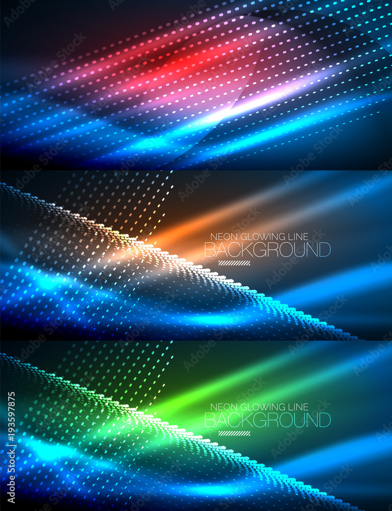 Set of neon glowing waves and lines, shiny light effect digital techno motion backgrounds. Collection of dark space magic vector illustrations Set of neon glowing waves and lines, shiny light effect digital techno motion backgrounds. Collection of dark space magic vector illustrations