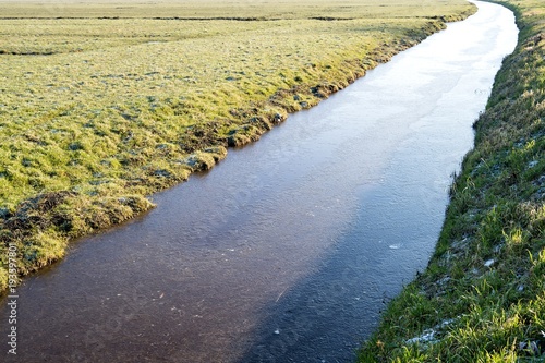 half frozen drainage canal in Dutch acreage landscape