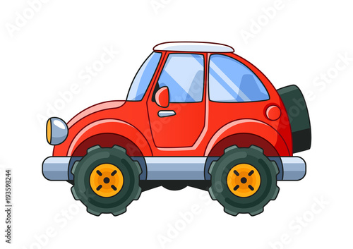 Red Cartoon Car Side View Isolated on White Background. Colored Illustration.