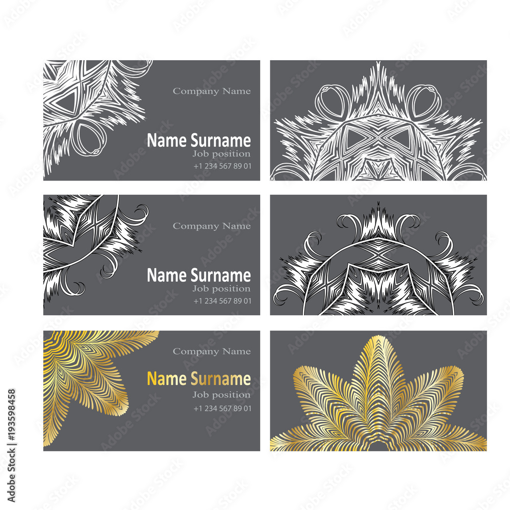 Set of designs of business cards. 6 cards in ethnic style. Image of the circular pattern, stylized mandala. Set of designs of business cards. 6 cards in ethnic style. Image of the circular pattern, stylized mandala.