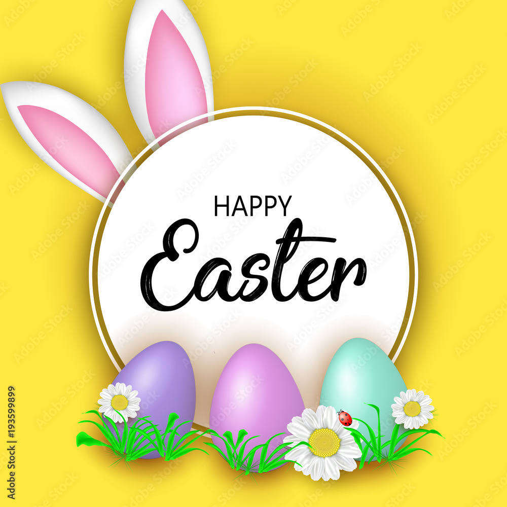 Cute Easter greeting card with flowers, Easter eggs and Rabbit ears on yellow background. Vector