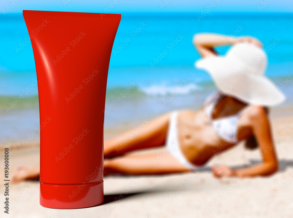 Woman in a swimsuit against the background of the blue sea and red bottle of sunblock cream or lotion Woman in a swimsuit against the background of the blue sea and red bottle of sunblock cream or lotion