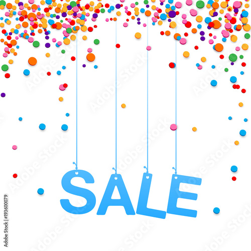 Holiday greeting vector illustration with colorful confetti. Sale