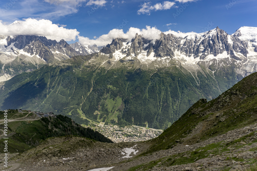A beautiful view of the Chamonix valley between the mountains. Alps. A beautiful view of the Chamonix valley between the mountains. Alps.