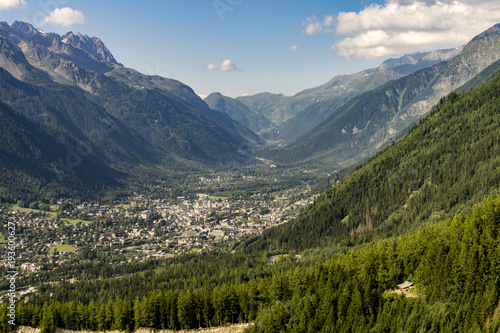 A beautiful view of the Chamonix valley between the mountains. Alps.