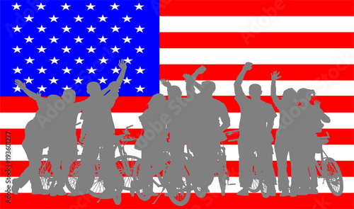 Green card concept. Student exchange program. Happy teenagers crew on bike over USA flag. Wide world trip. Study and explore diversity of culture and people. Multicultural social network. waving hand.