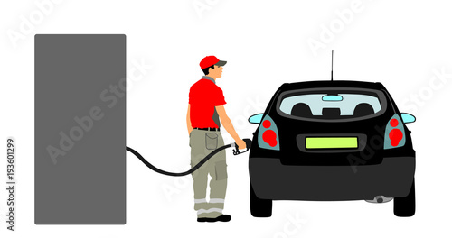 Worker on gas station fill the machine with fuel vector. Car fill with gasoline at a gas station. Gas station pump. Man filling gasoline fuel in car holding nozzle.Pumping gasoline fuel in vehicle.