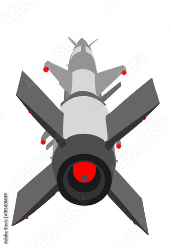 Artillery rocket launcher vector illustration. Rocket with nuclear bomb. Nuclear test, war treat.  Bomb air projectile attack.  Powerful weapons. War destruction.