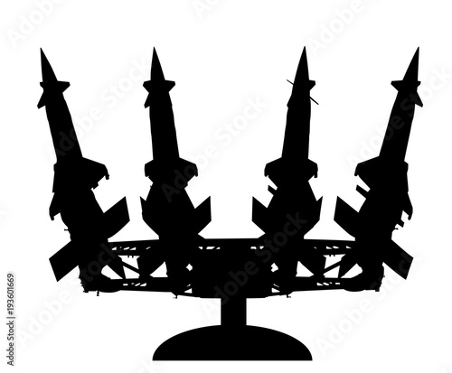 Artillery rocket launcher vector silhouette illustration. Rocket carrier platform with nuclear bomb. Nuclear test, war treat.  Bomb air projectile attack.  Powerful weapons. War destruction.