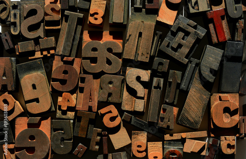 Jumbled letters and numbers, wooden letterpress