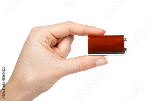Εκτύπωση καμβά 9V battery, nine volt power cell in hand