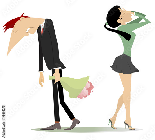 Quarrel between man and woman isolated on white illustration. Upset men with bouquet of flowers and hanging head is rejected by his frustration or crying woman who puts hands on the face 
