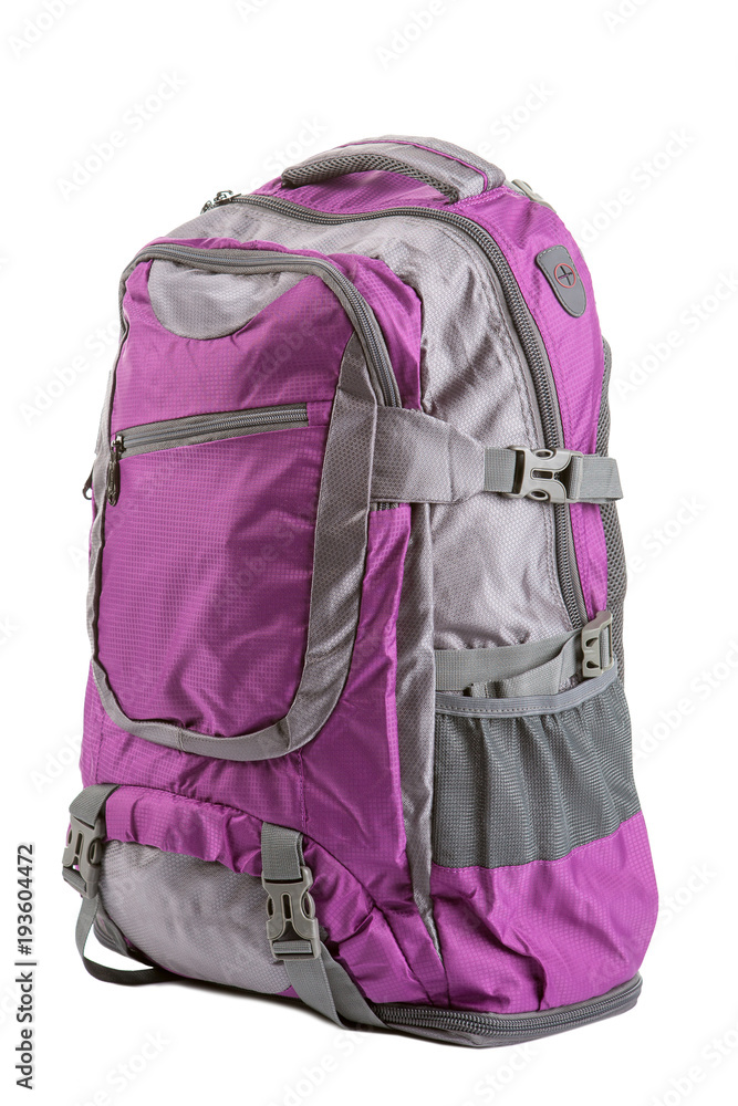 Naklejka premium lilac backpack of medium size, full, on white background