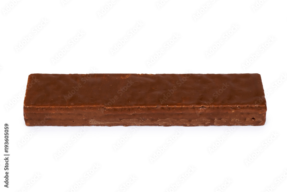 Delicious chocolate bar with wafer in hand. Isolated on white background. Milky waffle, crispy and sweet snack Delicious chocolate bar with wafer in hand. Isolated on white background. Milky waffle, crispy and sweet snack