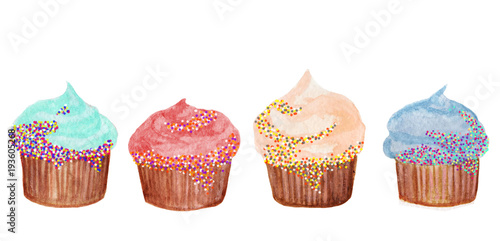 Watercolor hand painted muffins, cupcakes isolated on white background