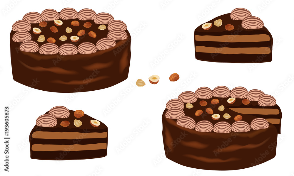 Chocolate cake whole with hazelnuts isolated on white background. Dessert close-up.  A piece of chocolate cake with nuts. Vector illustration.