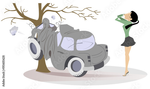 Young woman have got into a road accident illustration. Frustration and crying woman putting hands on the face stands near the car which crashed into the tree isolated on white illustration
