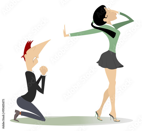 Quarrel between man and woman isolated on white illustration. Upset men staying on the kneel is rejected by his frustration woman who turns him down by hand and put another on the head 
