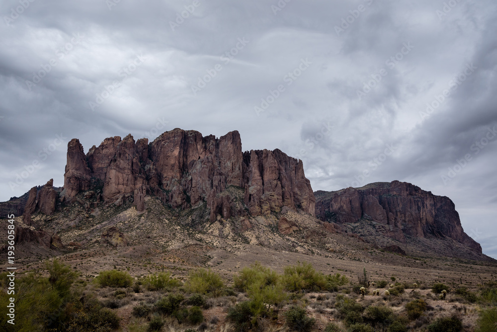 View of the Superstition Mountains in Lost Dutchman State Park in the Sonoran desert. View of the Superstition Mountains in Lost Dutchman State Park in the Sonoran desert.