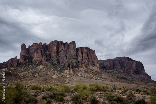 View of the Superstition Mountains in Lost Dutchman State Park in the Sonoran desert.